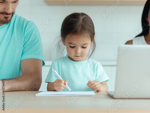 Young Asian Girl Coloring at Kitchen Table, Parents Discuss Stock Market Trends on Laptop, Morning Light, Family Bonding