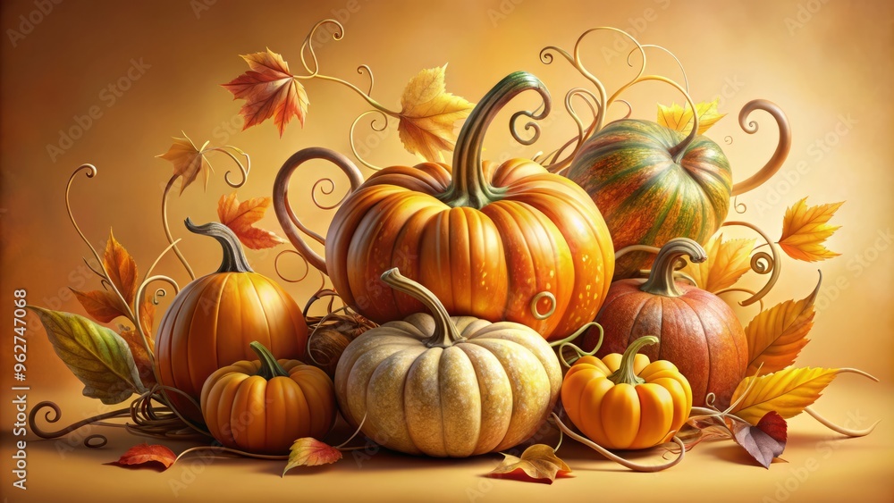 A colorful still life of intricately illustrated pumpkins in autumnal shades, surrounded by swirling vines, leaves, and A colorful still life of intricately illustrated pumpkins in autumnal shades, surrounded by swirling vines, leaves, and