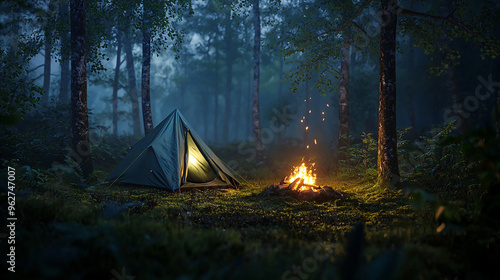 A tent under the night sky in a peaceful forest, surrounded by trees and nature, perfect for camping adventure