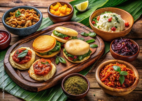 Vibrant Display Of Traditional Venezuelan Cuisine With Arepas, Empanadas, Cachapas, And Pabellon Criollo On A Rustic Wooden Table.