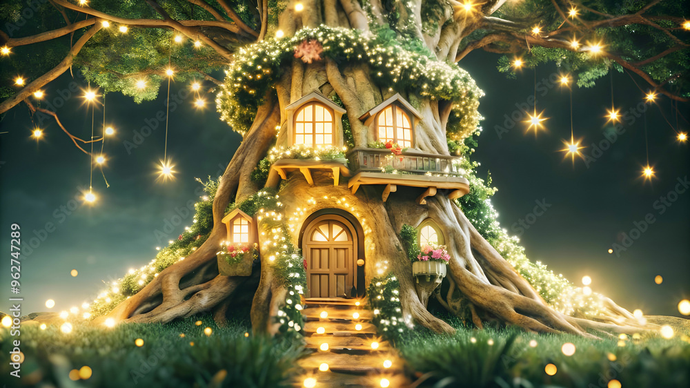 Fototapeta premium A fairy house that is both elegant and whimsical. The house is built into a giant tree, with winding staircases and hidden rooms