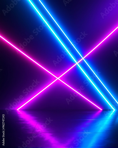 Abstract background with neon lights of green blue white pink violet colors glowing perpendicular lines on shiny reflecting stage