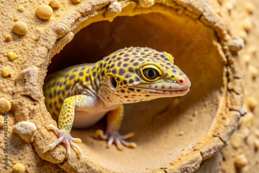 A dashing yellow spotted lizard emerges against a soothing light brown backdrop, its energetic presence tempered by the A dashing yellow spotted lizard emerges against a soothing light brown backdrop, its energetic presence tempered by the