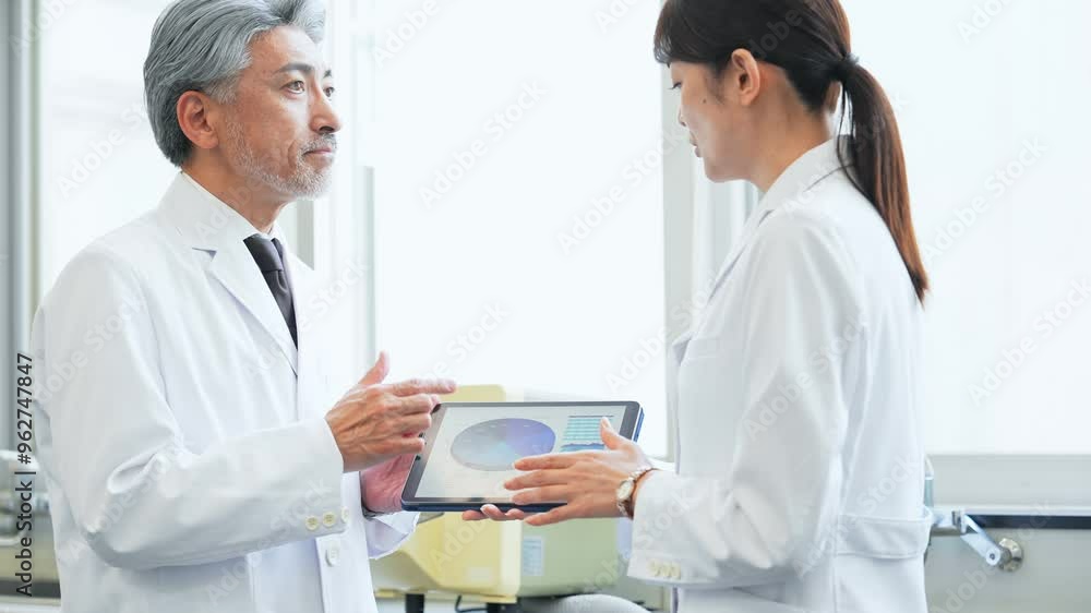 タブレットを見ながら相談する医師・研究者 タブレットを見ながら相談する医師・研究者