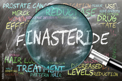 Finasteride being studied, examined - under close inspection. Most important subjects and ideas closely related to finasteride written on a blackboard inspected by a magnifying glass. ,3d illustration photo