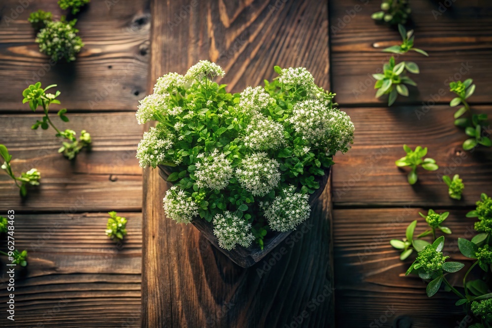 A heart-shaped beauty grows on rustic wood, adorned with delicate veins and tiny white blooms, amidst lush foliage and soft, diffused light. A heart-shaped beauty grows on rustic wood, adorned with delicate veins and tiny white blooms, amidst lush foliage and soft, diffused light.