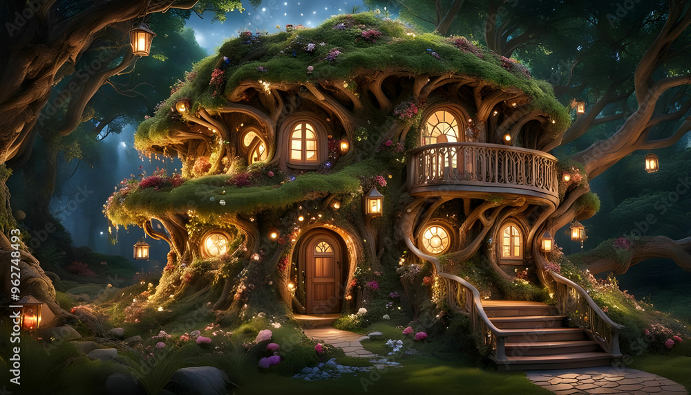 Obraz premium A fairy house that is both elegant and whimsical. The house is built into a giant tree, with winding staircases and hidden rooms