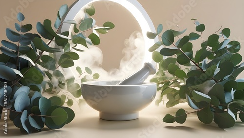 Eucalyptus Leaves with White Mortar and Pestle, Ingredients for Alternative Medicine and Natural Cosmetics, Beauty and Spa Concept