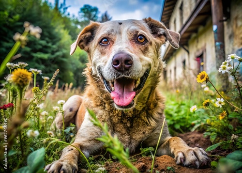 A dog, its fur matted and dirty, lumbers in a neglected yard, its eyes a fiery red, its