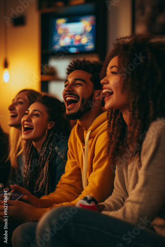 Group of friends enjoying casual game night home, genuine reactions friendly competition, view of game only