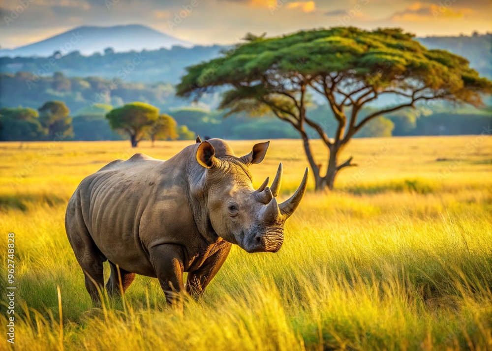 Obraz premium A majestic African rhino stands proudly in a lush savannah, its distinctive curved horn glistening in the warm sunlight, surrounded by tall grasses and acacia trees.
