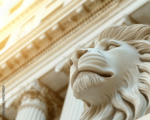 Majestic Lion Statue Symbolizing Economic Strength and Resilience in Front of a Financial Institution at Sunrise photo