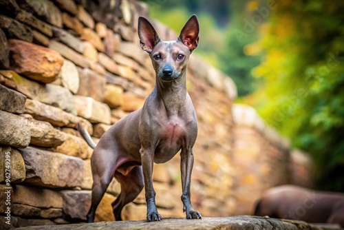 A majestic sabueso, a Mexican hairless dog breed, stands proudly on a rustic stone wall, showcasing its sleek, wrinkled skin and curious, expressive eyes.