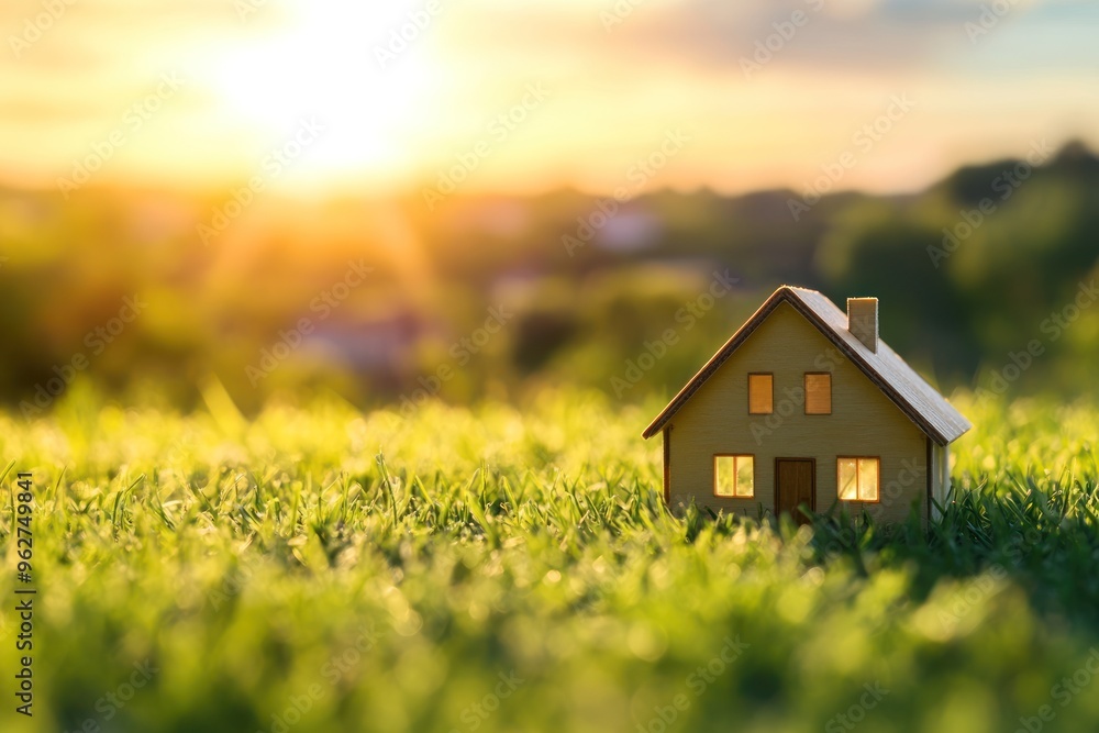A Miniature House in a Field of Green Grass at Sunset A Miniature House in a Field of Green Grass at Sunset