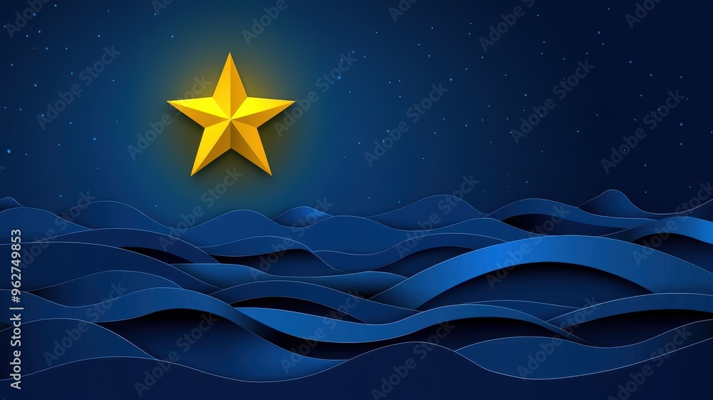 Obraz premium A vibrant golden star shining over tranquil blue waves, set against a deep night sky, evoking peace and inspiration.