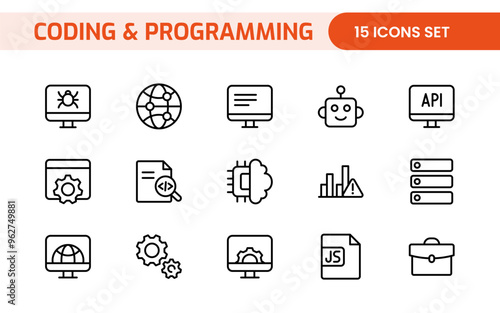 Programming coding set of web icons in line style. Software development icons for web and mobile app. Code, api, programmer, developer, information technology, coder and more.