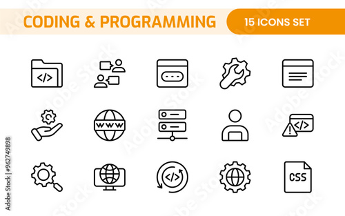 Programming coding set of web icons in line style. Software development icons for web and mobile app. Code, api, programmer, developer, information technology, coder and more.