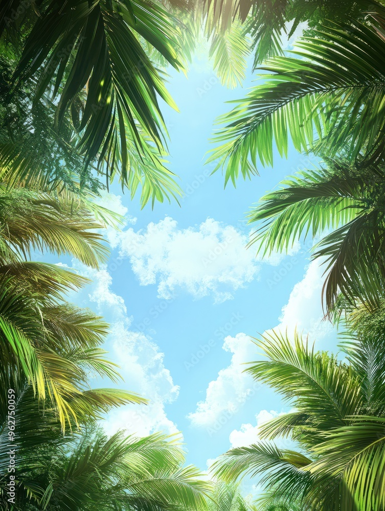 frame formed from a group of palm trees on a bright sky background, design for posters, banners, advertising, cards frame formed from a group of palm trees on a bright sky background, design for posters, banners, advertising, cards