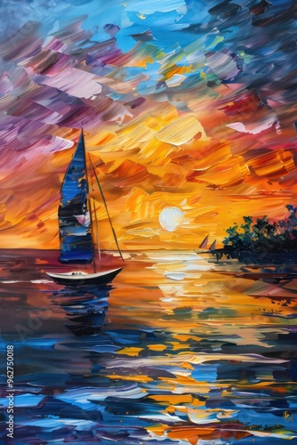 A vibrant sunset scene featuring a sailboat on the water, reflecting colorful skies and tranquil surroundings.