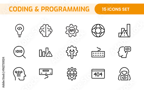Programming coding set of web icons in line style. Software development icons for web and mobile app. Code, api, programmer, developer, information technology, coder and more.