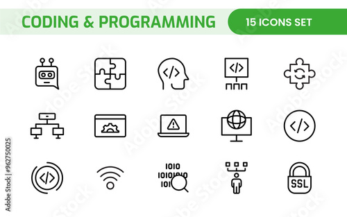 Programming coding set of web icons in line style. Software development icons for web and mobile app. Code, api, programmer, developer, information technology, coder and more.