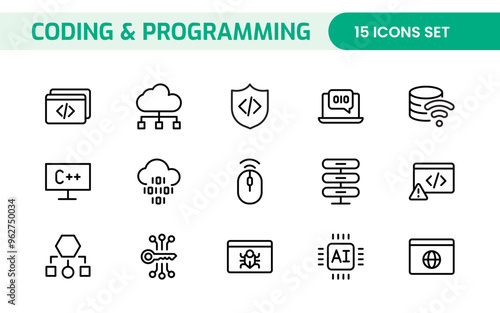 Programming coding set of web icons in line style. Software development icons for web and mobile app. Code, api, programmer, developer, information technology, coder and more.