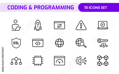 Programming coding set of web icons in line style. Software development icons for web and mobile app. Code, api, programmer, developer, information technology, coder and more.