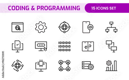 Programming coding set of web icons in line style. Software development icons for web and mobile app. Code, api, programmer, developer, information technology, coder and more.