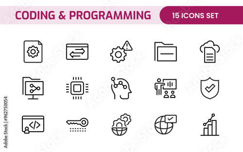 Programming coding set of web icons in line style. Software development icons for web and mobile app. Code, api, programmer, developer, information technology, coder and more.