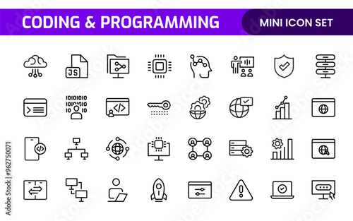 Programming coding set of web icons in line style. Software development icons for web and mobile app. Code, api, programmer, developer, information technology, coder and more.