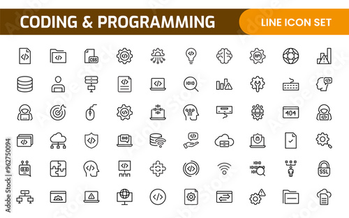 Programming coding set of web icons in line style. Software development icons for web and mobile app. Code, api, programmer, developer, information technology, coder and more.