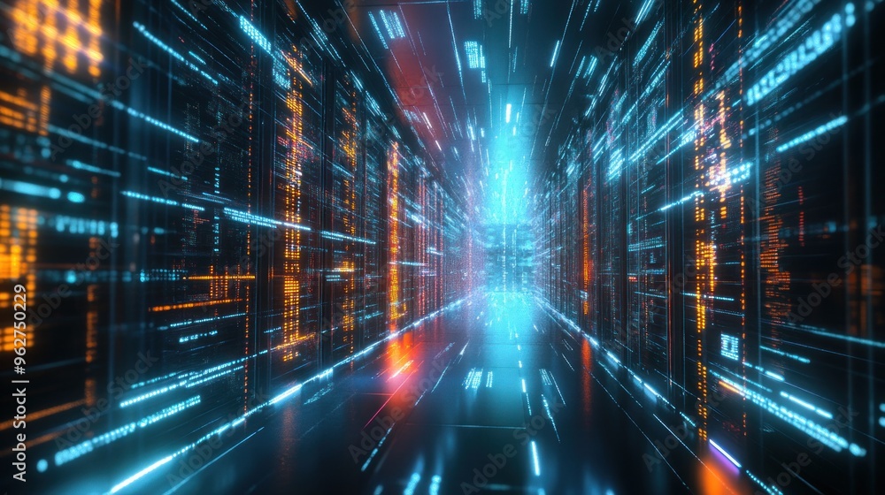 A futuristic digital corridor with glowing lines and data streams. A futuristic digital corridor with glowing lines and data streams.