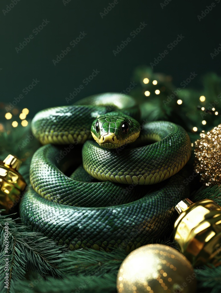 Fototapeta premium Green snake curled around Christmas decorations, creating a luxurious and festive holiday atmosphere.