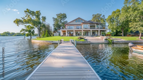 Fototapeta Naklejka Na Ścianę i Meble -  A scenic view of a lakeside house with a dock and lush greenery.