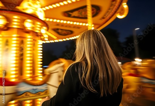 A woman stands in front of a brightly lit carousel at night, enjoying the festive atmosphere of a lively fairground photo