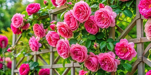 Vibrant pink blooms adorn a trellis as a lush, thorny Armedeus climbing rose sprawls upward, its delicate petals and foliage set against a soft, creamy backdrop.