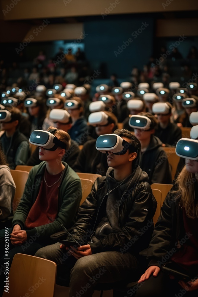 Virtual reality lecture hall scene. Students wear VR headsets in rows of wooden chairs. Bright stage lights illuminate speaker on stage. Auditorium atmosphere with focus on technology and innovation. Virtual reality lecture hall scene. Students wear VR headsets in rows of wooden chairs. Bright stage lights illuminate speaker on stage. Auditorium atmosphere with focus on technology and innovation.