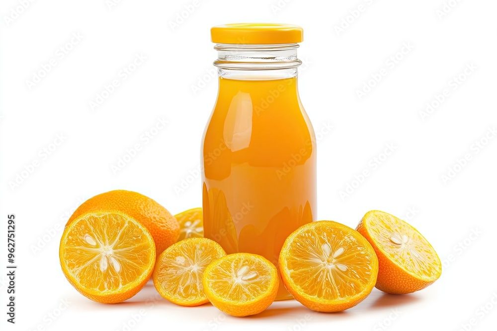 Fresh Kumquat Juice Bottle With Kumquat Slices isolated on a white background Fresh Kumquat Juice Bottle With Kumquat Slices isolated on a white background