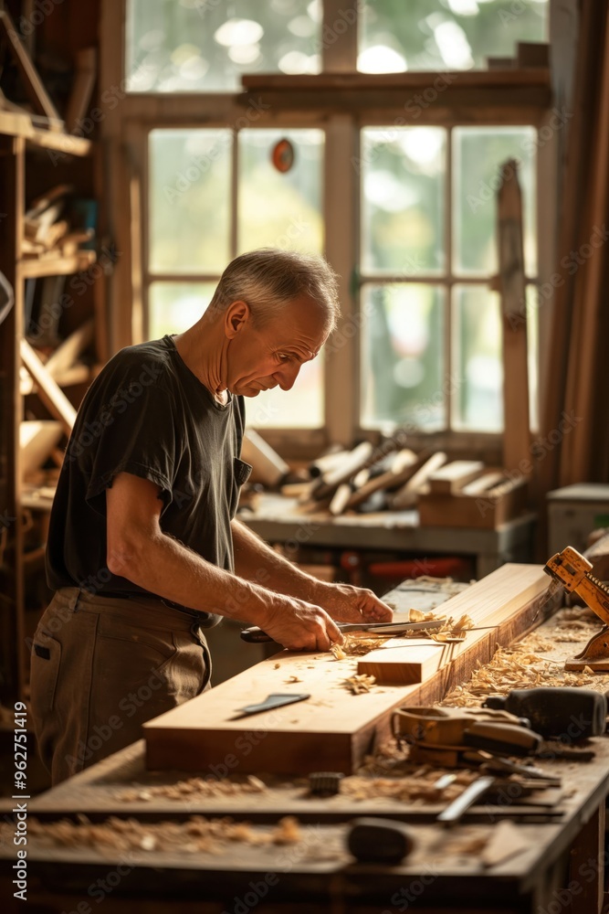 Mature man works on woodworking project in garage workshop. He carves wood with chisel on wooden workbench surrounded by tools and wood pieces. Natural light enters through window with blinds. Mature man works on woodworking project in garage workshop. He carves wood with chisel on wooden workbench surrounded by tools and wood pieces. Natural light enters through window with blinds.