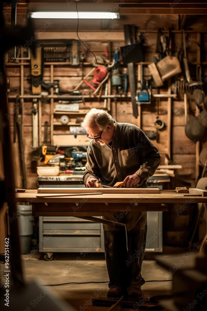 Mature man works on woodcraft in garage workshop. Holds chisel to carve wooden piece with focus. Yellow drill, blue saw, red hammer scatter on workbench. Scene moment of intense craftsmanship. Mature man works on woodcraft in garage workshop. Holds chisel to carve wooden piece with focus. Yellow drill, blue saw, red hammer scatter on workbench. Scene moment of intense craftsmanship.