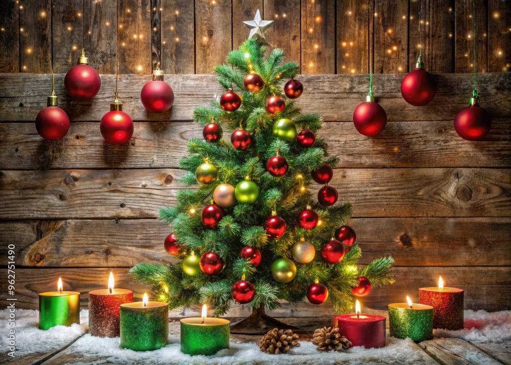 Vibrant red and green ornaments, garlands, and fairy lights adorn a pristine snow-dusted Christmas tree, surrounded by rustic wooden decorations and twinkling candles. Vibrant red and green ornaments, garlands, and fairy lights adorn a pristine snow-dusted Christmas tree, surrounded by rustic wooden decorations and twinkling candles.