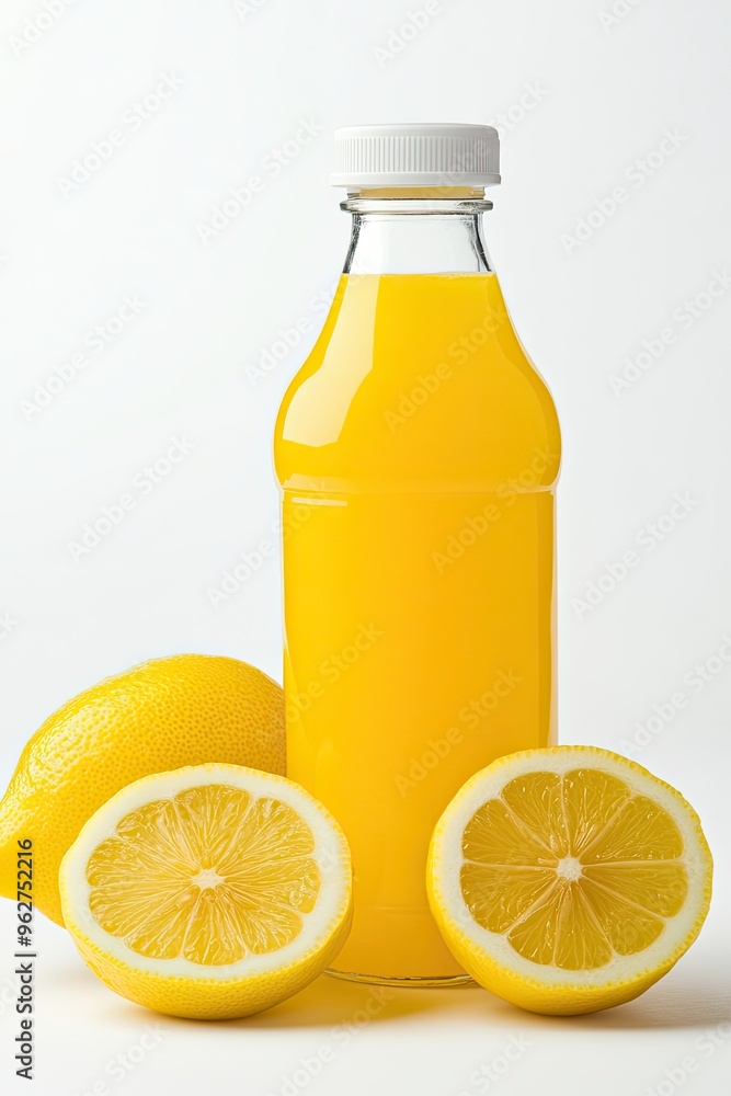 Fresh Lemon Juice Bottle With Lemon Wedges isolated on a white background Fresh Lemon Juice Bottle With Lemon Wedges isolated on a white background