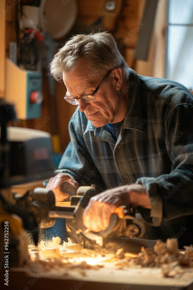 Mature man crafts wooden object using lathe in well-equipped workshop. Skilled woodworker focuses on intricate details of project. Various tools and equipment surround him as he works diligently. Mature man crafts wooden object using lathe in well-equipped workshop. Skilled woodworker focuses on intricate details of project. Various tools and equipment surround him as he works diligently.