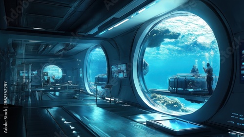 A futuristic underwater research facility with large windows showcasing marine life.