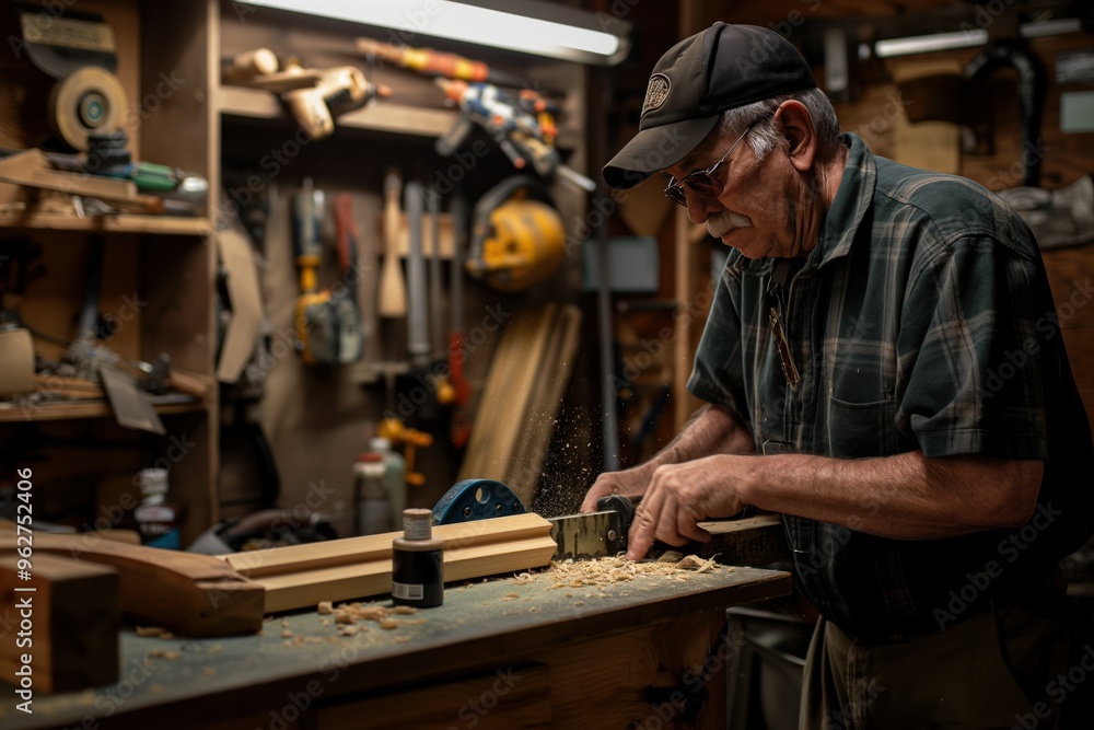 Mature man carves wood in cluttered workshop. Garage woodworking scene with tools and materials. Man focused on work, shows skill. Perfect image for DIY projects, woodworking tutorials. Mature man carves wood in cluttered workshop. Garage woodworking scene with tools and materials. Man focused on work, shows skill. Perfect image for DIY projects, woodworking tutorials.