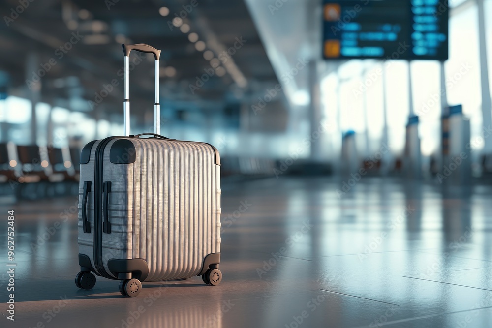 Suitcase on the floor of the airport terminal. 3D rendering. Business trip with suitcase and airport background. Travel and vacation concept, with generative ai Suitcase on the floor of the airport terminal. 3D rendering. Business trip with suitcase and airport background. Travel and vacation concept, with generative ai