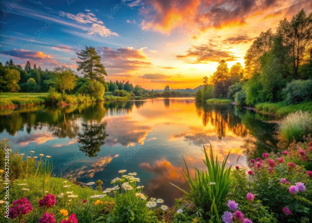Vibrant sunset hues illuminate a serene lake surrounded by lush green vegetation, delicate flowers, and majestic trees, creating a stunning display of natural beauty. Vibrant sunset hues illuminate a serene lake surrounded by lush green vegetation, delicate flowers, and majestic trees, creating a stunning display of natural beauty.