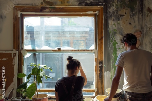 Couple paints room walls green white. Man holds paintbrush bucket on right side. Woman left side. Room filled objects plant vase window wooden frame. White tiles floor. Old house renovation project. photo