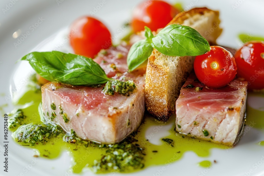 Grilled Tuna with Tomato and Basil on a White Plate Grilled Tuna with Tomato and Basil on a White Plate