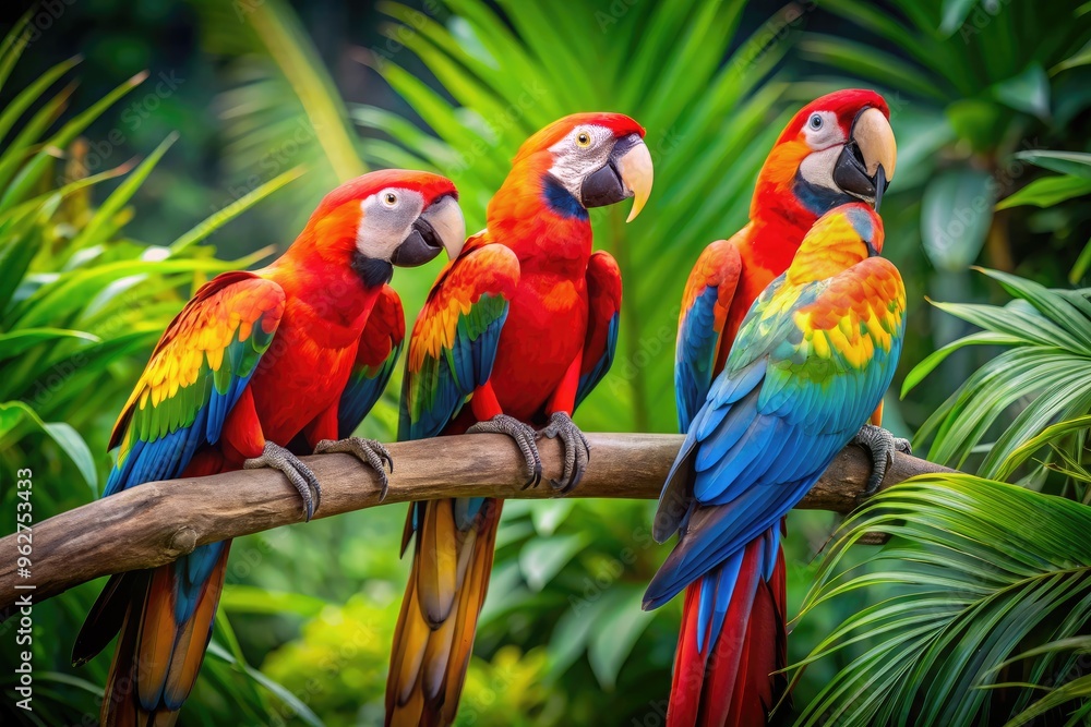 Vibrant Tropical Parrots Perched On A Branch, Their Beaks Open In Lively Conversation, Surrounded By Lush Greenery. Vibrant Tropical Parrots Perched On A Branch, Their Beaks Open In Lively Conversation, Surrounded By Lush Greenery.